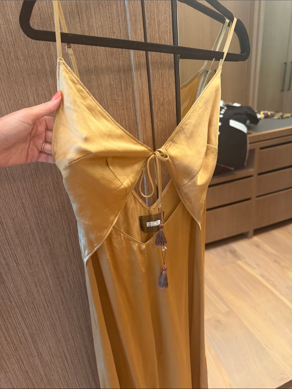 Reformation Gold Satin Slip Maxi Dress with Tie Front - Picture 2 of 5